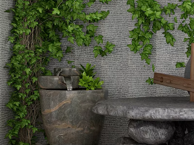 Garden Decor with Green Vines Covered Wall Stone Water Basin Plants and Stone Bench 3d model