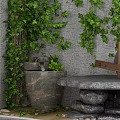 Garden Decor with Green Vines Covered Wall Stone Water Basin Plants and Stone Bench
