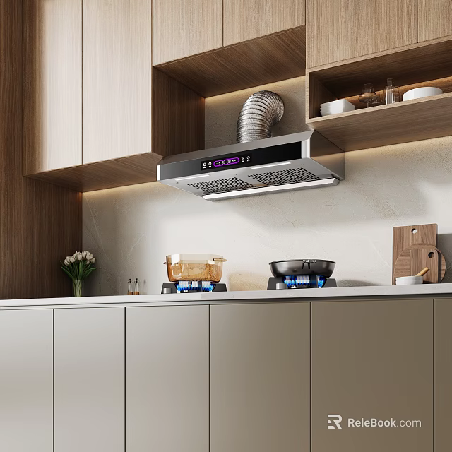 Modern Kitchen Interior With Wooden Cabinets Range Hood Gas Stove Countertop And Decorative Elements 3d model 