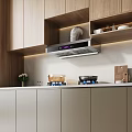 Modern Kitchen Interior With Wooden Cabinets Range Hood Gas Stove Countertop And Decorative Elements