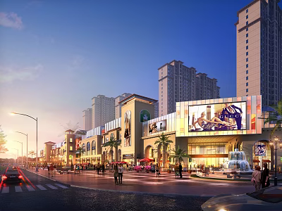 Vibrant Commercial Street With High Rise Buildings Pedestrians Shops And Fountain 3d model