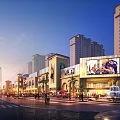 Vibrant Commercial Street With High Rise Buildings Pedestrians Shops And Fountain