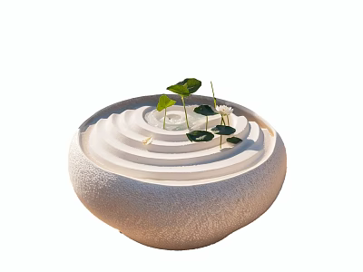 Garden Ornament With Spiral Sand Stone Bowl And Fresh Green Leaf Plants 3d model
