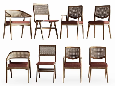 Various Style Accent Chairs With Wooden Frame Rattan Back And Red Cushions 3d model