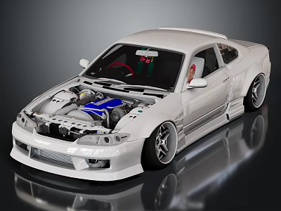 A White Modified Sports Car with Hood Open Revealing Blue Engine and Aerodynamic Body Kit 3d model