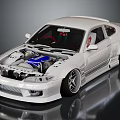A White Modified Sports Car with Hood Open Revealing Blue Engine and Aerodynamic Body Kit