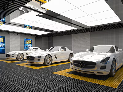 4S Dealership Spacious Showroom with Luxury White Sports Cars Modern Lighting and Yellow Parking Areas 3d model