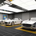 4S Dealership Spacious Showroom with Luxury White Sports Cars Modern Lighting and Yellow Parking Areas