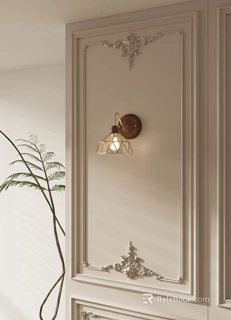 Modern Indoor Wall Sconce With Geometric Metal Frame And Warm Light Near Green Plant 3d model 