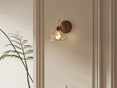 Modern Indoor Wall Sconce With Geometric Metal Frame And Warm Light Near Green Plant 3d model