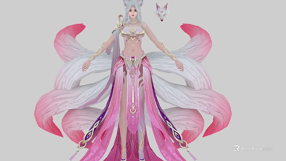 Elegant Fantasy Game Character With White Fox Ears Pink White Outfit And Purple Accents 3d model 