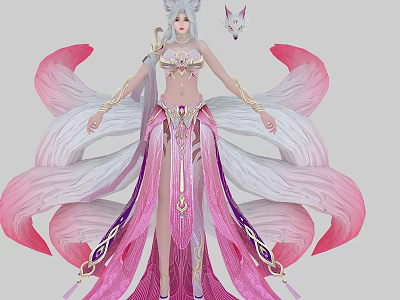 Elegant Fantasy Game Character With White Fox Ears Pink White Outfit And Purple Accents 3d model
