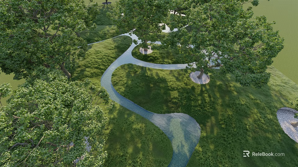 Park Landscape With Winding Pathway Lush Trees Green Grass And Meandering Stream 3d model 