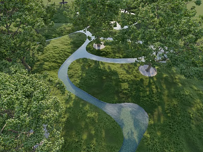 Park Landscape With Winding Pathway Lush Trees Green Grass And Meandering Stream 3d model