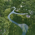 Park Landscape With Winding Pathway Lush Trees Green Grass And Meandering Stream