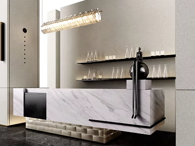 Modern Bar Counter With Marble Surface Glassware On Shelves And Hanging Light Fixture 3d model