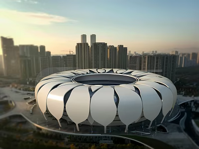 Lotus Shaped Stadium Exterior Design With Urban Skyline And Sunset View 3d model