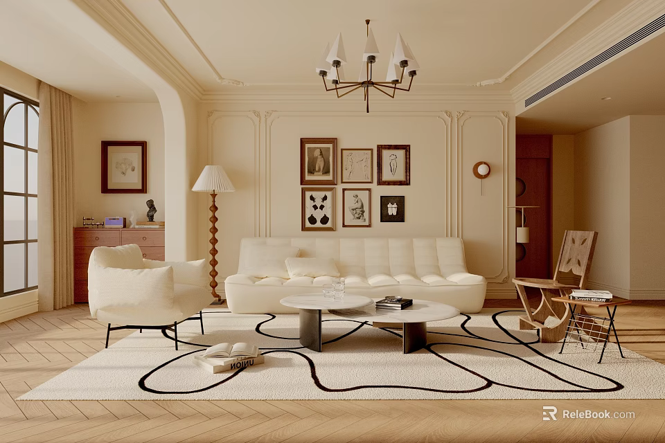 Elegant Living Room Interior With Chandelier Framed Artworks Sofa And Area Rug 3d model 