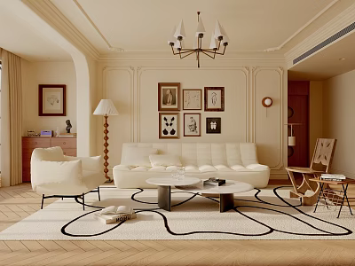Elegant Living Room Interior With Chandelier Framed Artworks Sofa And Area Rug 3d model