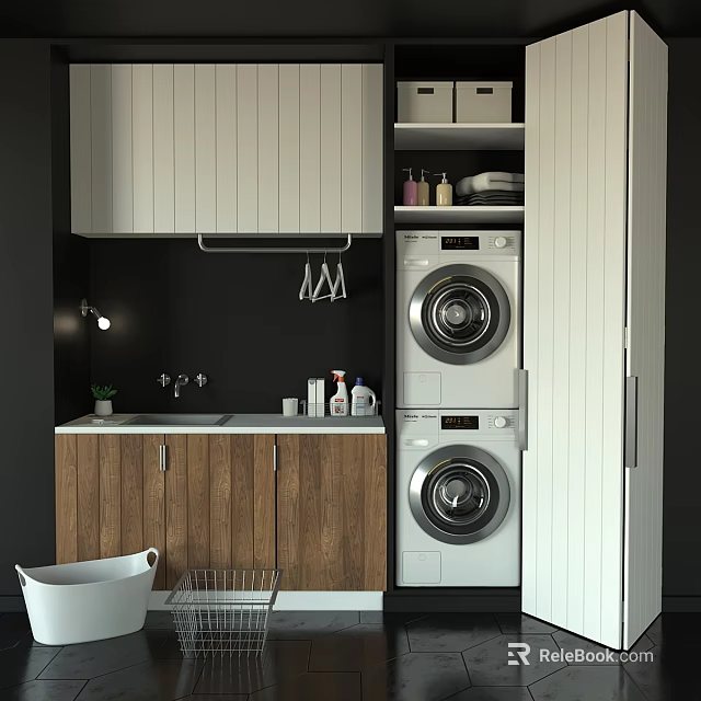 Modern Sink Vanity With Wooden Cabinets Stacked Washing Machine Dryer And Toiletries 3d model 