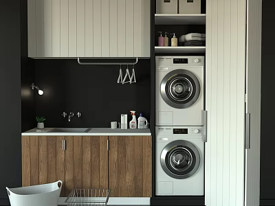 Modern Sink Vanity With Wooden Cabinets Stacked Washing Machine Dryer And Toiletries 3d model
