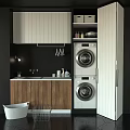 Modern Sink Vanity With Wooden Cabinets Stacked Washing Machine Dryer And Toiletries