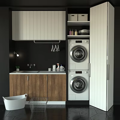 Modern Sink Vanity With Wooden Cabinets Stacked Washing Machine Dryer And Toiletries 3d model