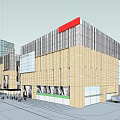 Modern Commercial Complex With Large Billboards Female Faces Glass Entrance And Pedestrians