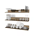 Elegant Dinnerware Set On Kitchen Shelves With Glassware Bowls Plates Bottles And Jars