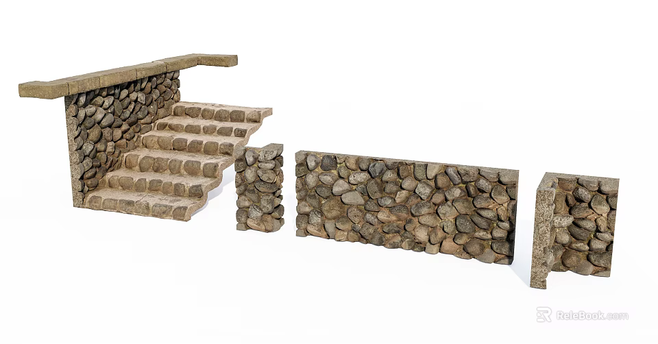 Building Exterior Wall Featuring Natural Stone Construction And Stone Steps 3d model