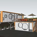 Container Converted Milk Tea Shop With Orange White Exterior Circular Windows And Second Floor Umbrellas