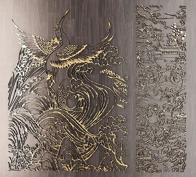 Exquisite Traditional Carvings With Gold Accents Crane Motifs And Intricate Patterns 3d model