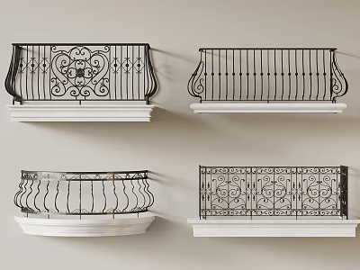 Decorative Wrought Iron Railings With Intricate Patterns On White Stone Bases 3d model