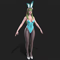Woman with green hair bunny ears blue bodysuit black stockings and white high heels