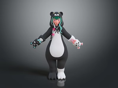 3D Panda Costume Character With Green Black Hair Pink Face And White Outfit 3d model