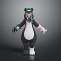 3D Panda Costume Character With Green Black Hair Pink Face And White Outfit