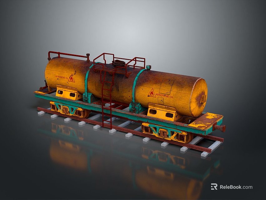 Industrial Functional Vehicle With Yellow Tank Red Frame And Green Connectors On Rails 3d model 