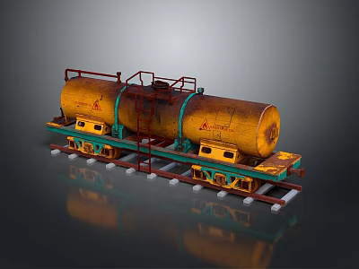 Industrial Functional Vehicle With Yellow Tank Red Frame And Green Connectors On Rails 3d model
