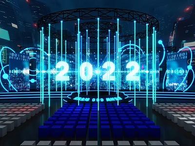 Contemporary Stage Design Featuring 2022 Display Blue Light Beams Blue Seats and City Night Background 3d model