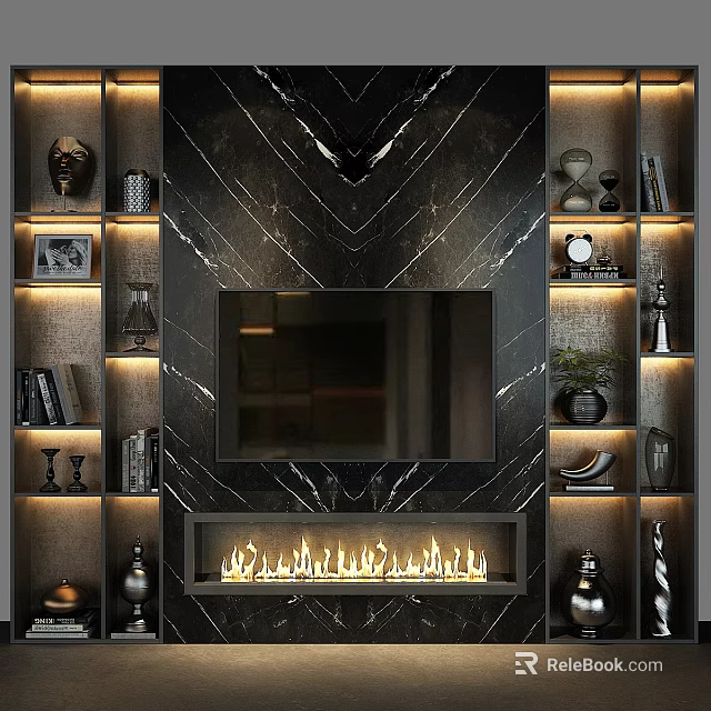 Modern TV Wall Design With Marble Panel Fireplace And Decorative Shelves 3d model 