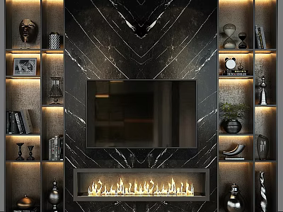 Modern TV Wall Design With Marble Panel Fireplace And Decorative Shelves 3d model