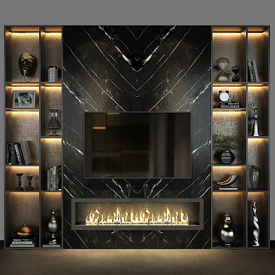 Modern TV Wall Design With Marble Panel Fireplace And Decorative Shelves 3d model