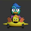 Cartoon Character With Blue Hair Glasses Pink Outfit On Yellow Inflatable Duck Car With Wheels