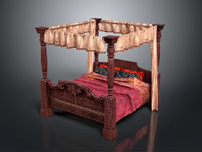 Carved Wooden Four Poster Bed With Red Bedspread And Beige Canopy Drapes 3d model