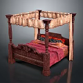 Carved Wooden Four Poster Bed With Red Bedspread And Beige Canopy Drapes