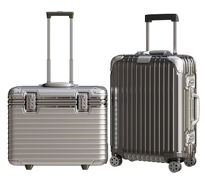 Silver Metallic Striped Suitcases With Telescopic Handles And Rolling Wheels 3d model