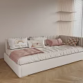 Cozy White Kids Bed With Striped Headboard Pillows Wall Shelves And Wooden Floor