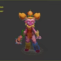 Playful Fantasy Cartoon Character With Orange Horns Crown Orange Outfit Holding Tool