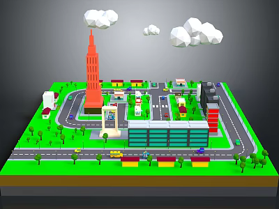 Colorful Cartoon City Scene With Tower Buildings Roads And Green Areas 3d model