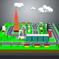 Colorful Cartoon City Scene With Tower Buildings Roads And Green Areas